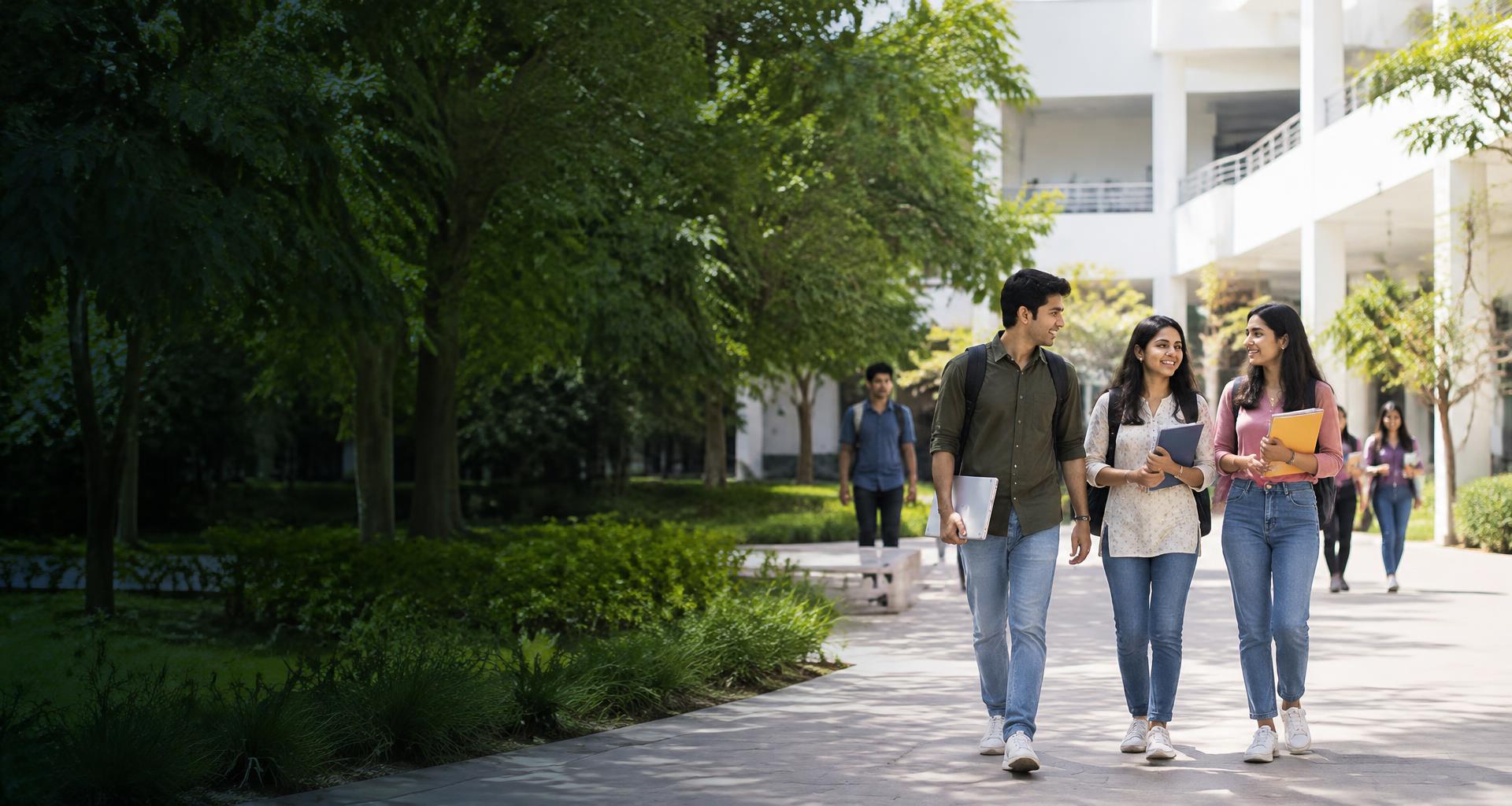 Students walking together through a leafy educational campus